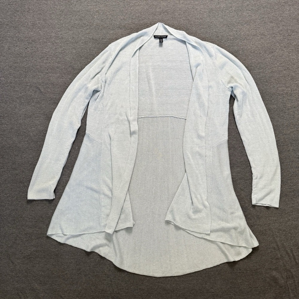 Eileen Fisher Organic Linen Lagenlook Cardigan Sweater Long Line Light Blue Sz S